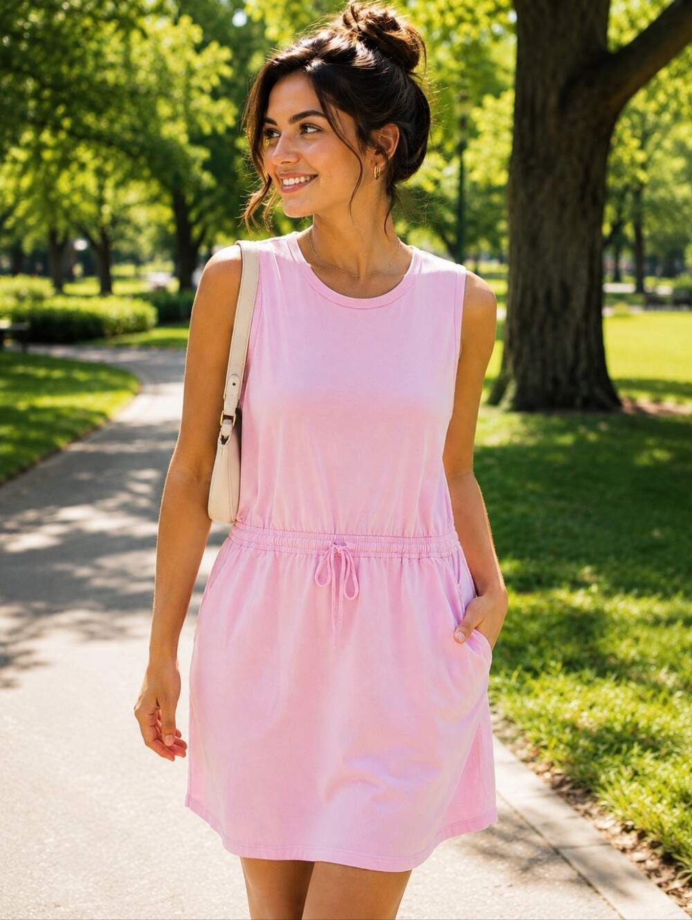 Members Mark womens pink drawstring waist casual tank dress pockets plus xxl